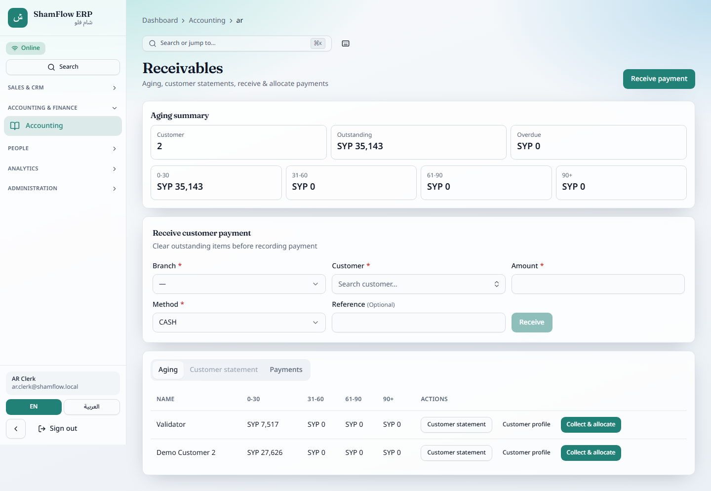Finance workspace — live product screen from ShamFlow.
